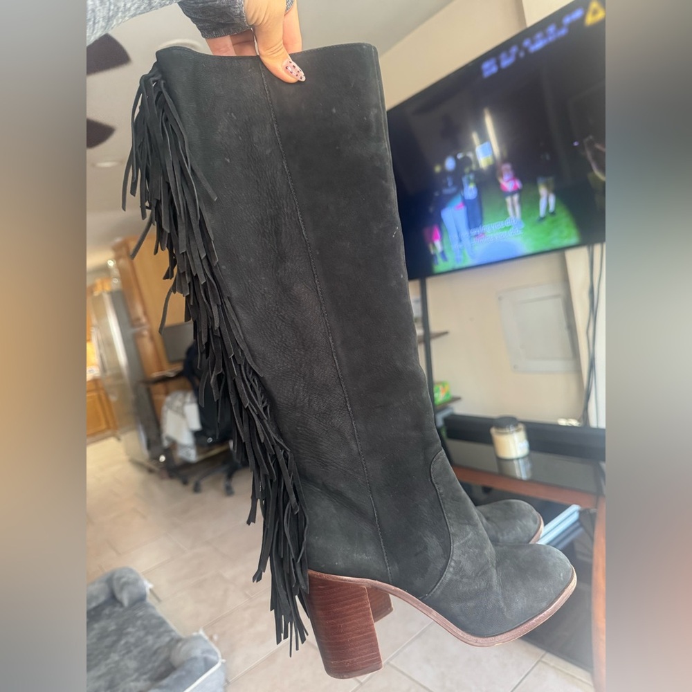 Black Fringe leather block Heeled Boots